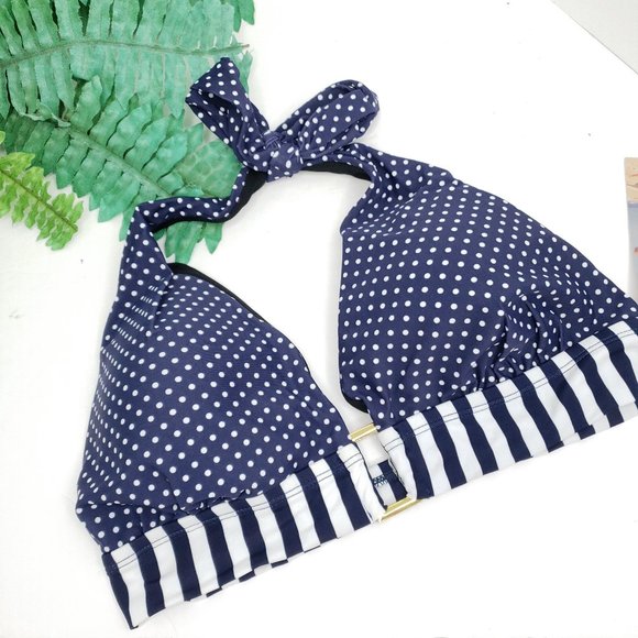 new L Women's Swimsuit Bikini Top Marilyn Monroe Navy & White Polka PinUp Retro - Picture 1 of 11